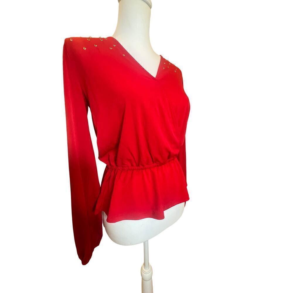 MICHAEL KORS RED FAUX WRAP CINCH WAIST LONG SLEEVE BLOUSE WOMENS XTRA SMALL